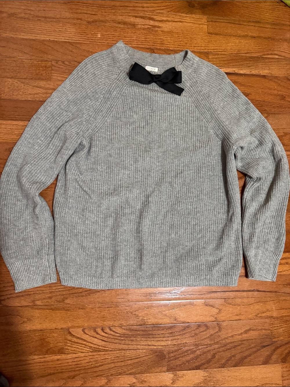 Gray J Crew Crewneck Sweater with Black Bow Detail